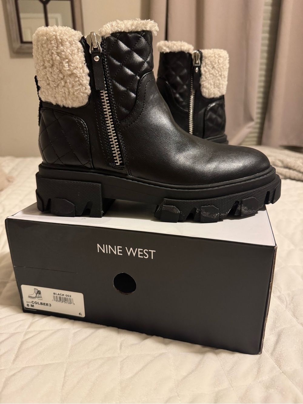 Nine West Black Quilted Combat Boots with Cream Sherpa Cuff